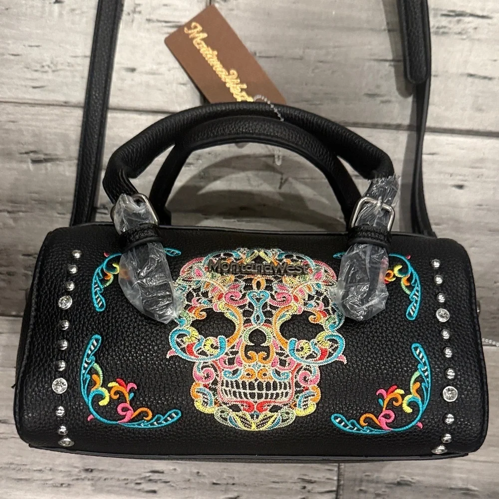 Montana West Black Satchel with Colorful Embroidered Sugar Skull